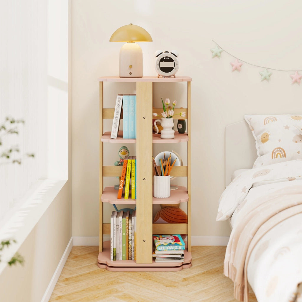 Scaffale per libri per bambini a 3 livelli con 12 scomparti, Libreria rotante per stanza dei bambini Rosa