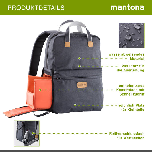 Mantona Urban Companion zaino fotografico e borsa, antracite con applicazioni in pelle, per fotocamere, con scomparto per laptop fino a 12 pollici