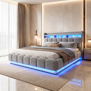 Letto imbottito 180x200 cm con contenitore; LED e USB in bouclé e metallo