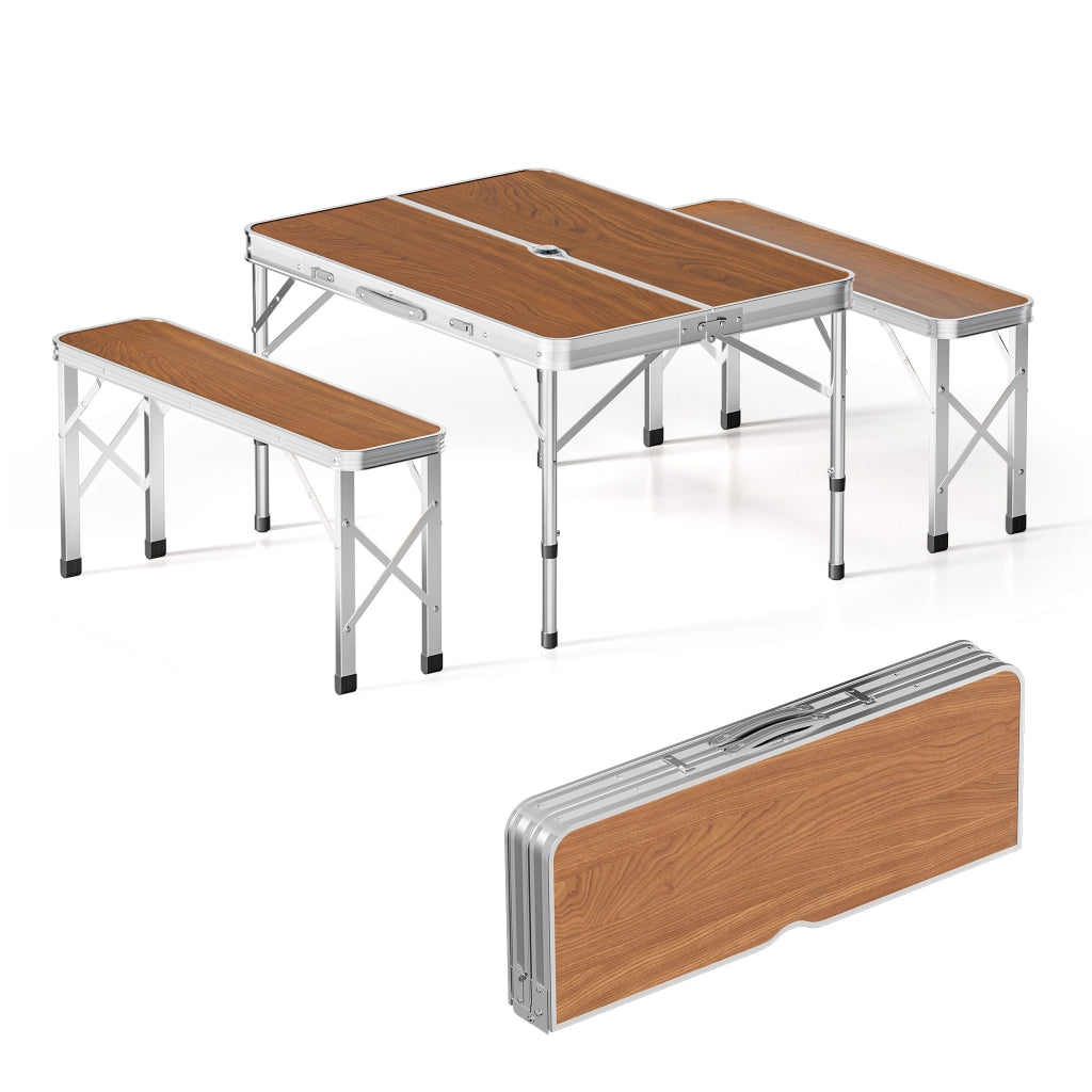 Tavolo pieghevole in alluminio con due panche effetto legno 90x66x70 cm Richiudibile Da campeggio
