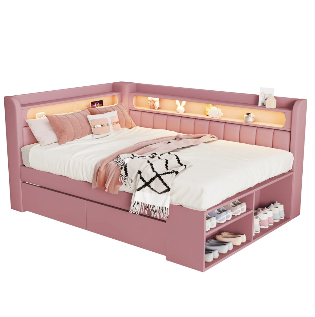 Letto imbottito 90x200 cm con USB; luce LED a 7 colori; 2 cassetti e scarpiera; rosa