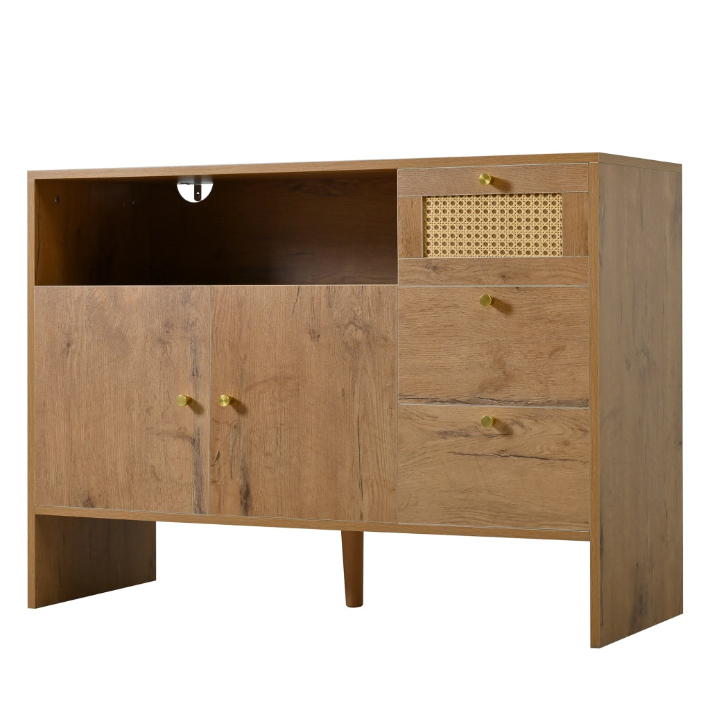 Credenza, 3 cassetti, decorazioni in vimini, finitura effetto legno, 105 x 40 x 76 cm, color legno naturale