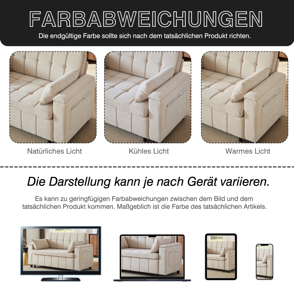 Divano letto convertibile 2 posti con vano nei braccioli e tasche laterali, struttura in metallo, ciniglia beige