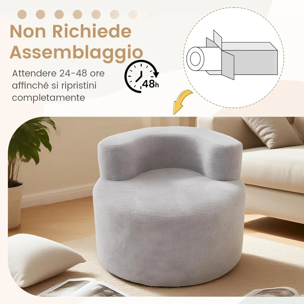 Poltrona Pouf a Sacco, Divano da Pavimento a Forma di Luna con Morbido Tessuto, Spugna ad Alta Resilienza e Schienale Curvo, Divano Rotondo per Salotto, Camera da Letto e Soggiorno (Grigio)