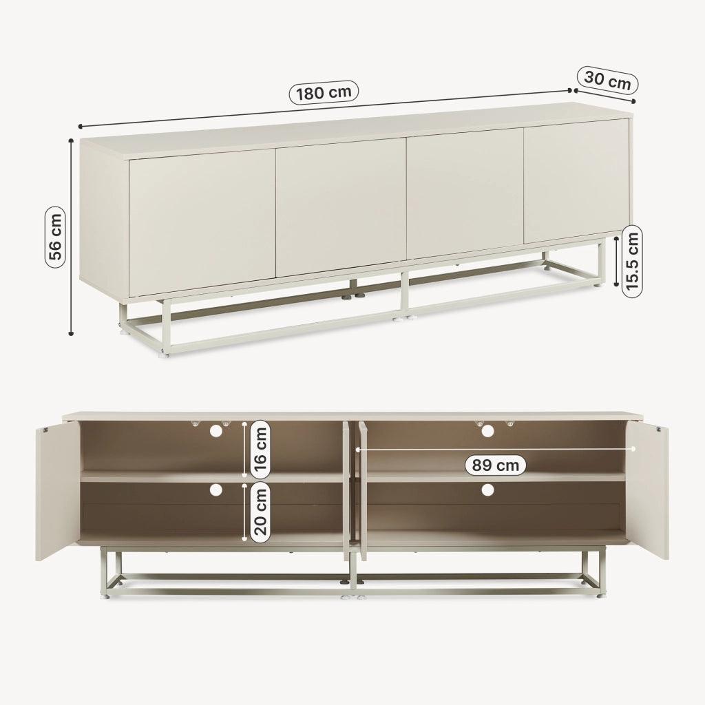Armadietto Boxholm Credenza Bassa con 4 Ante Push-Open 180x30x56 cm Avena Oatmeal [en.casa]