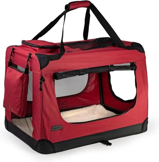 Porta cane pieghevole per viaggi Auto 60x42x44 cm Scatola di trasporto robusta Maniglie Copertura 12 kg Piccola Grande Rosso scuro.