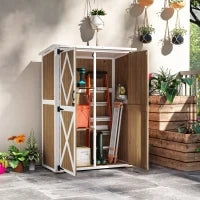 Capanno da Giardino in Legno di Abete con 2 Ripiani e 2 Porte, 116.5x57x159/167 cm, Marrone e Bianco