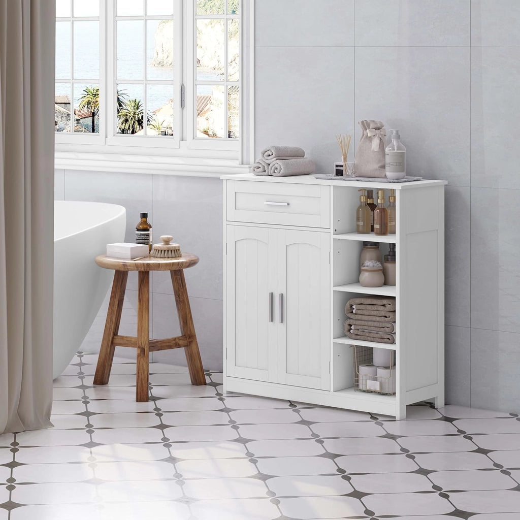 Mobile da Bagno Indipendente con 2 Ante 1 Cassetto 4 Ripiani Aperti, Regolabili in Altezza, Unità di Stoccaggio per Corridoio, Credenza da Cucina, 80x30x80,5 cm, Bianco