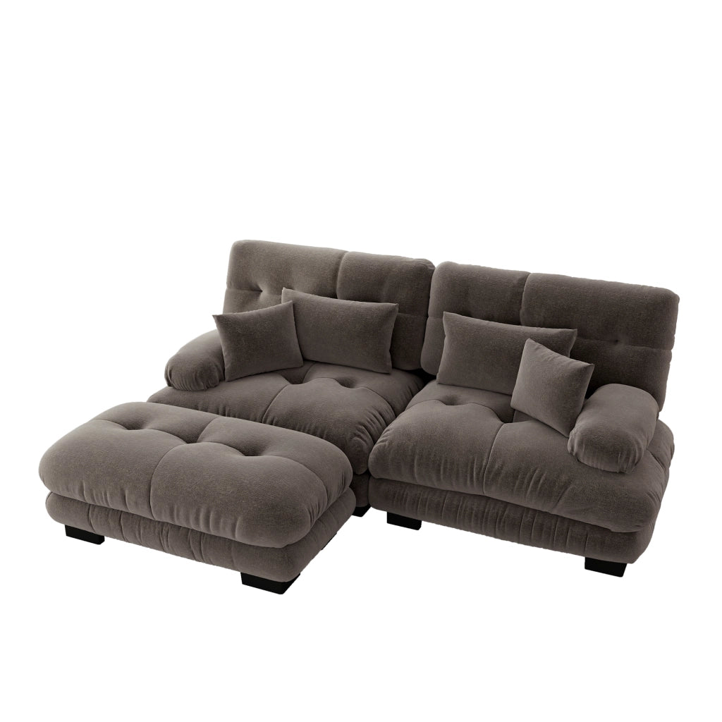 Canapé modulaire in chenille con cuscini lombari e pouf, seduta profonda e braccioli morbidi marrone 220 × 145 × 81 cm