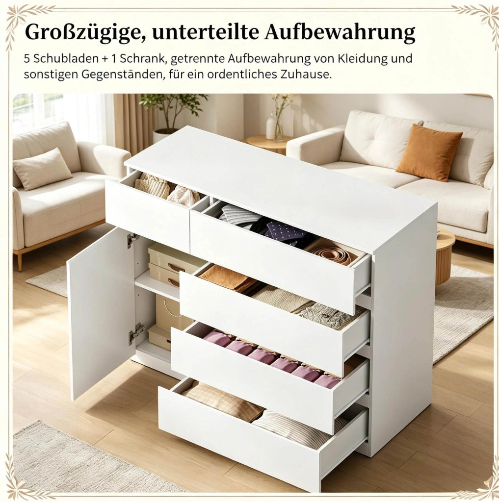 Armadio moderno bianco con 5 cassetti e ripiano regolabile, 100x40x80 cm