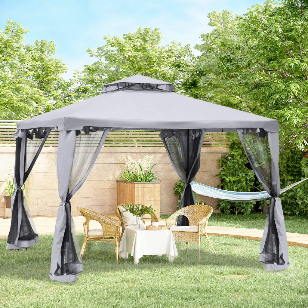 Gazebo da giardino 3x3m con doppio tetto ¨C Xylo ¨C zanzariera metallo grigio chiaro