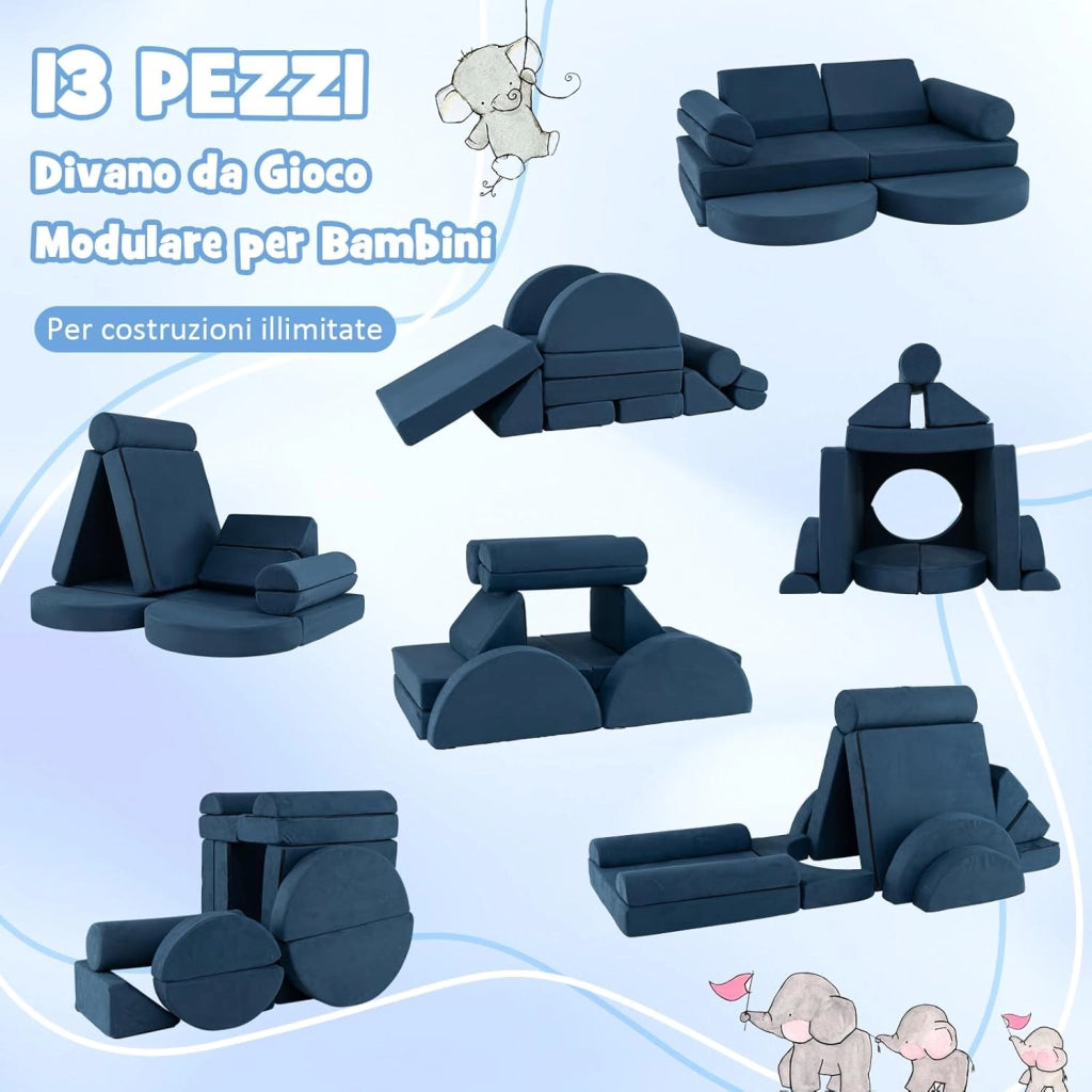 Divano in stile Block 13 Pezzi per Bambini, Divanetto Convertibile per Asilo, Cameretta e Soggiorno, Cuscini Bambini Gioco Blocchi (Blu)