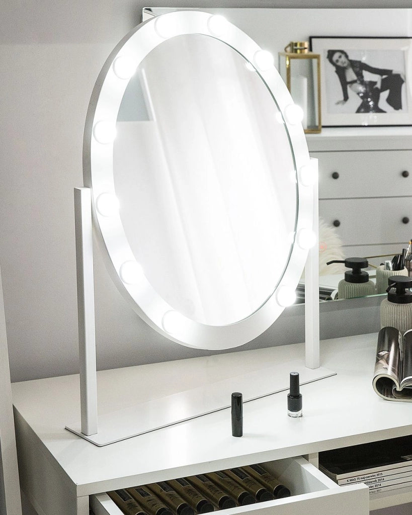 Specchio da toeletta in piedi con LED bianco 50 x 60 cm ovale con lampadine illuminate Hollywood toeletta
