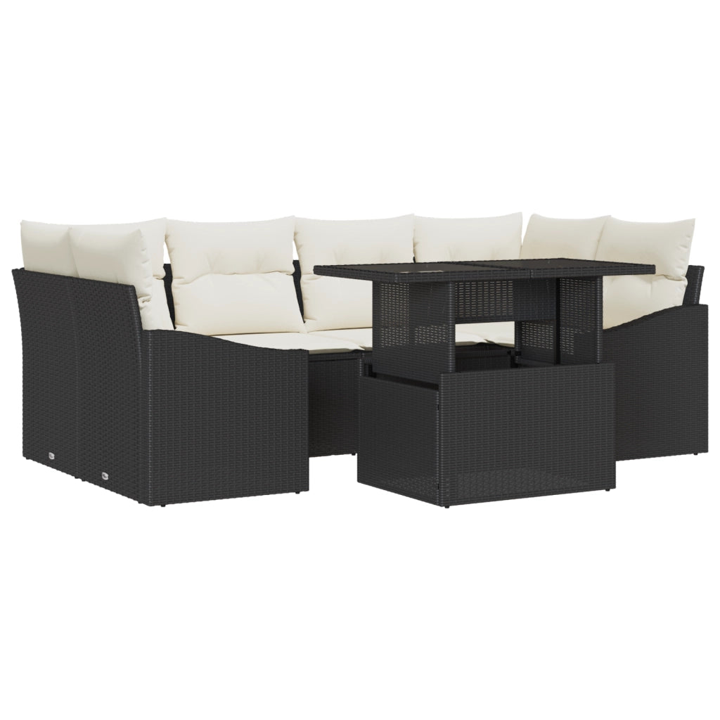 Set di divani da giardino 7 pezzi con cuscini in polirattan nero