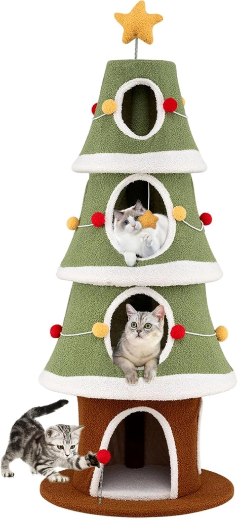 Albero di Natale per Gatti da Interno, Tiragraffi per Gatti Alta 154 cm con 4 Condomini, Pallina Pendete, Giocattolo a Molla e Stella in Cima, Mobile per Animali per Decorazioni Natalizie