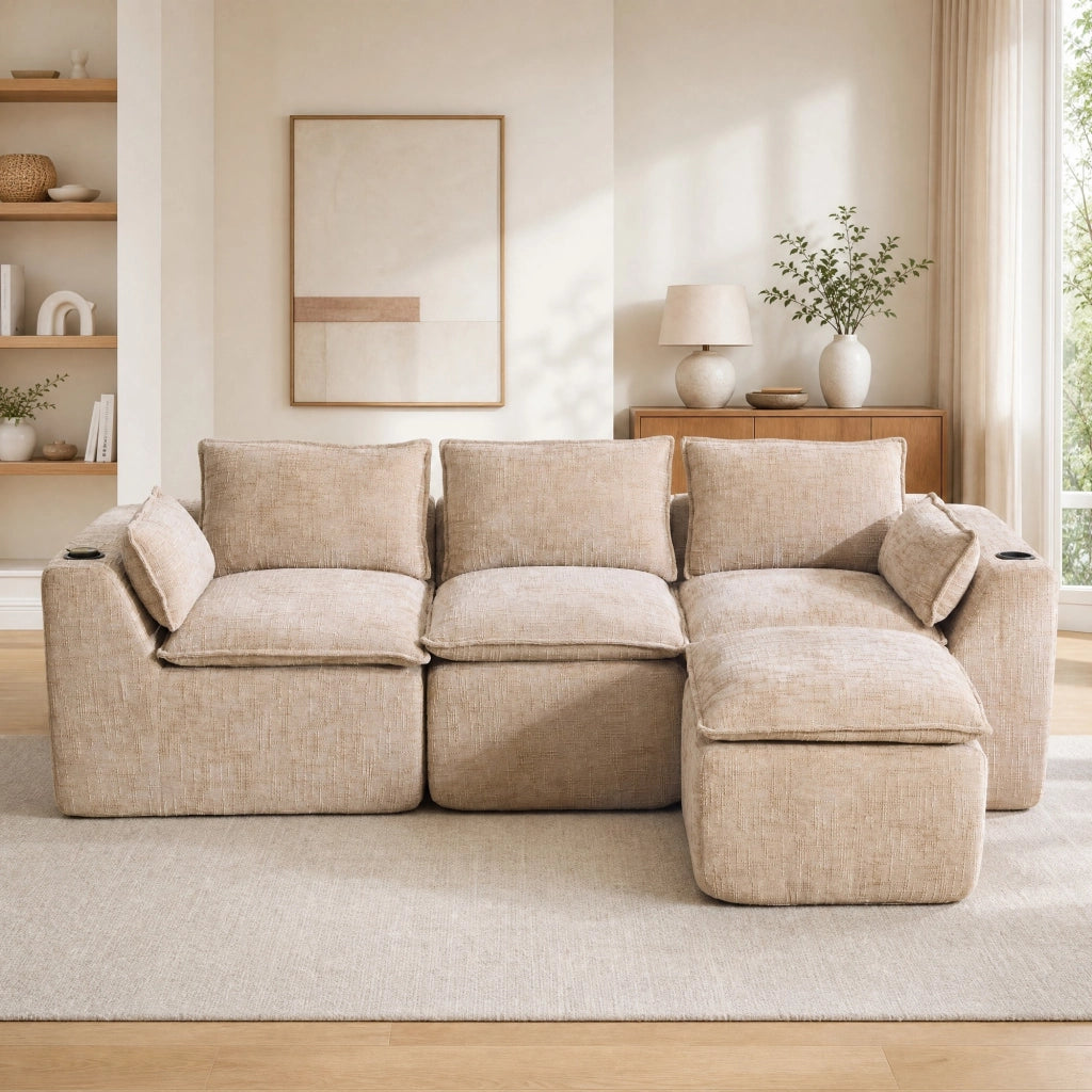 Divano modulare 3 posti con tasche laterali e cuscini, in chenille khaki e nucleo a molle, 256 × 161 × 75 cm