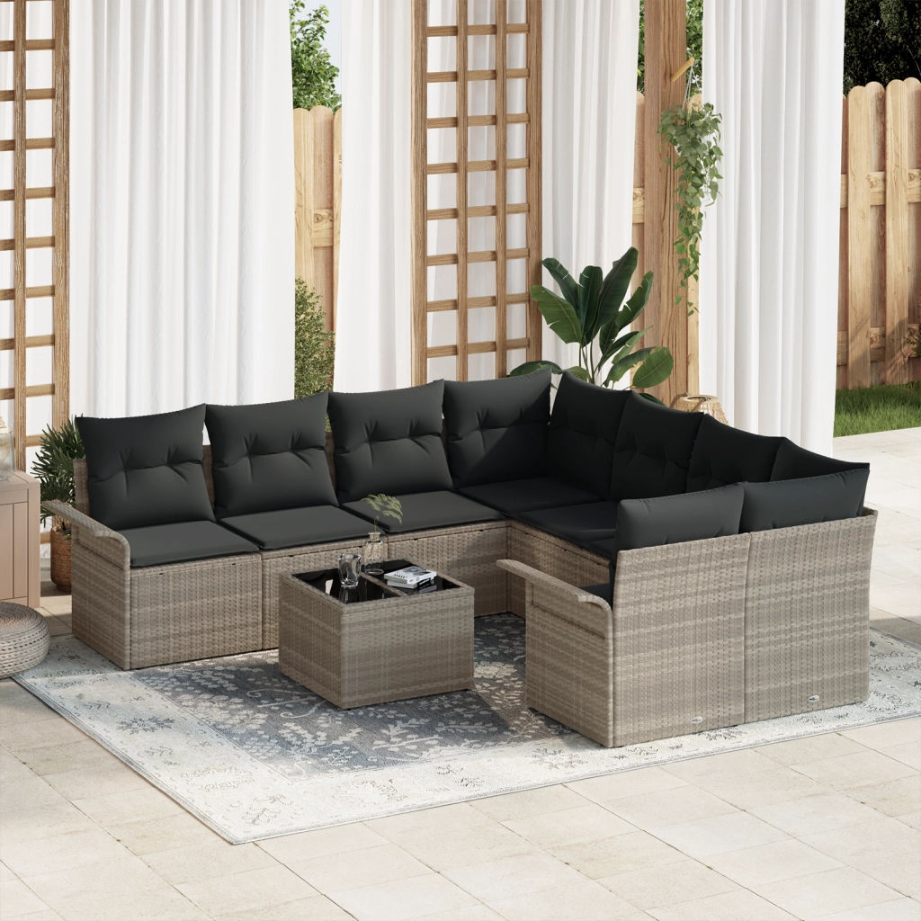 Set Divano da Giardino a 9 Pezzi con Cuscini Grigio Chiaro Polyrattan