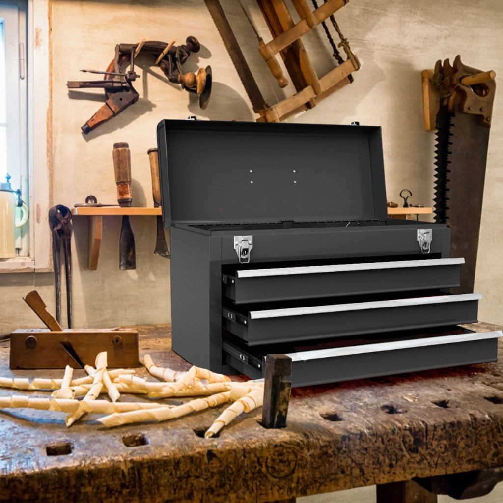 Cassetta portatile per attrezzi in metallo con 3 cassetti e vassoio portaoggetti, Valigetta degli attrezzi 52cm Nero-Deposito utensili Tool
