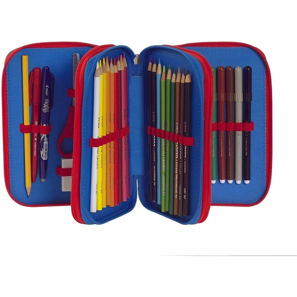 Trade Shop - Astuccio Scuola Super Mario 3 Scomparti Zip Completo Di Cancelleria Pennarelli -