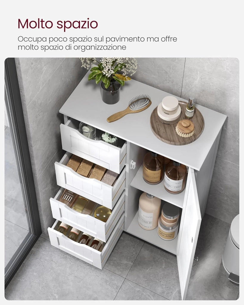 VASAGLE Mobile da Bagno, Armadietto Autoportante, Mobiletto in Legno con 4 Cassetti e Anta, Ripiano Regolabile, per Soggiorno, Cucina, Corridoio, Bianco LHC41W