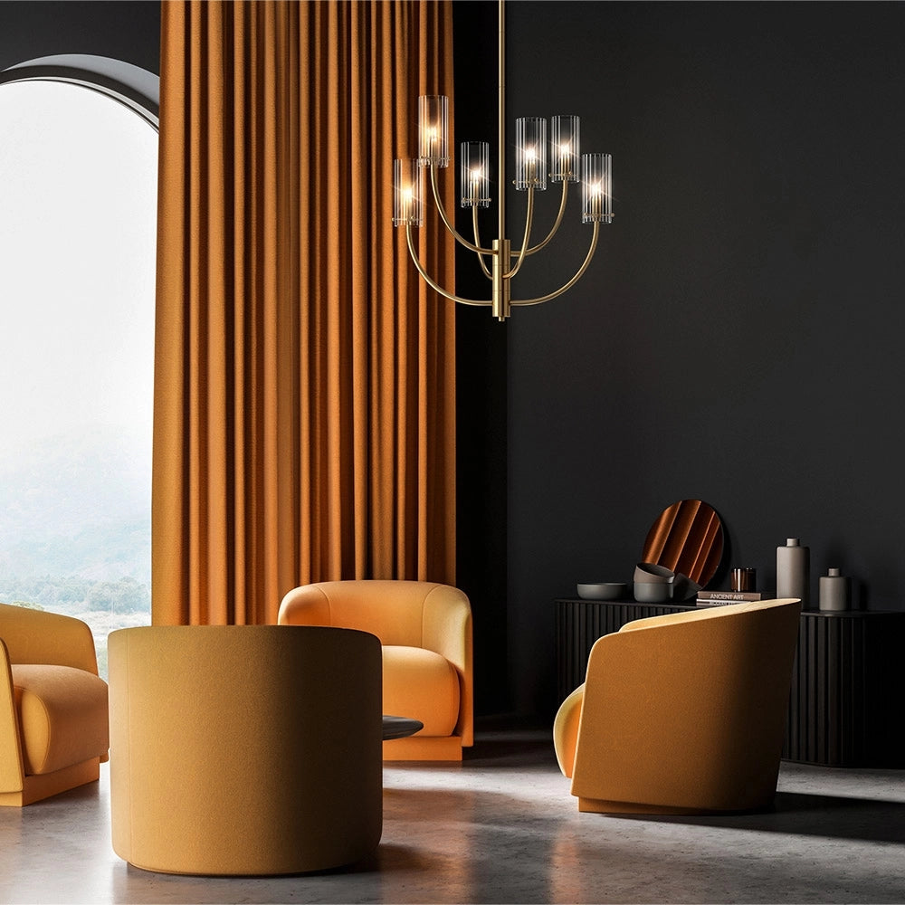 Lampadario Contemporaneo Arco Metallo Ottone 6 Luci Diffusori In Vetro