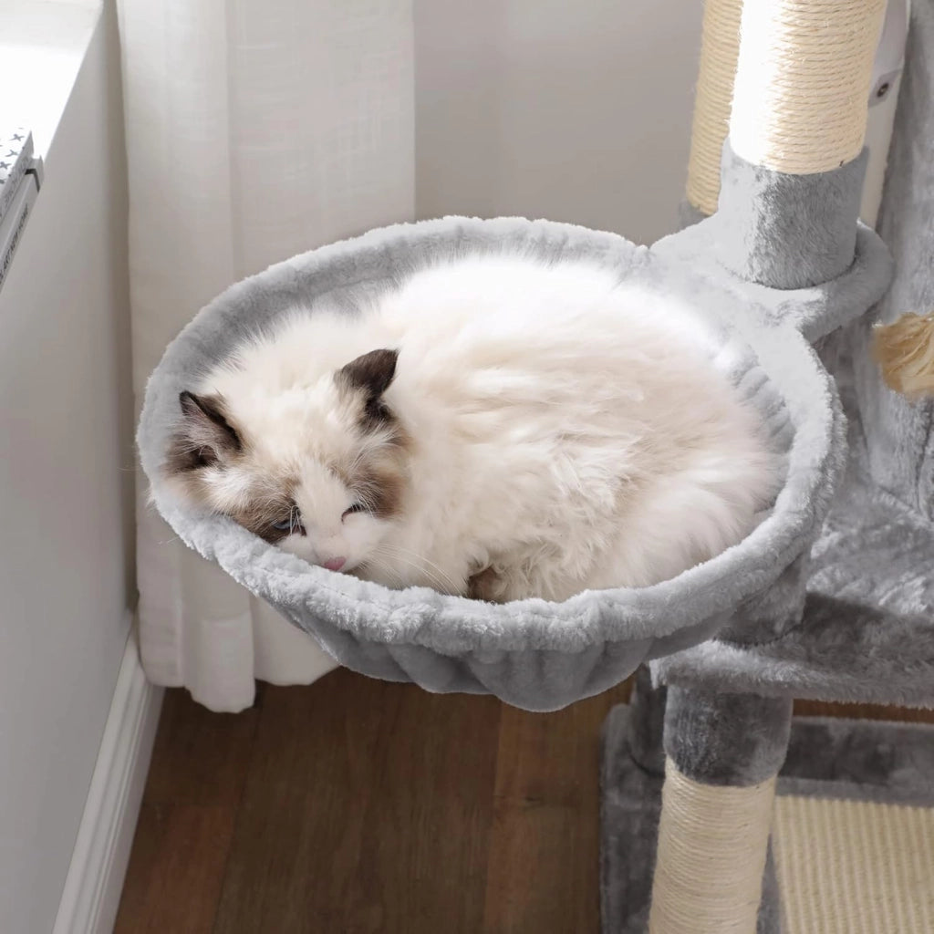Feandrea Albero per Gatti Alto 138 cm, Tiragraffi per Gatti, con Base e 9 Pali Graffiatoi, 1 Piattaforma, 1 Grotta, 1 Amaca, 1 Pompon, 1 Corda, in Peluche a Più Livelli, Grigio Chiaro PCT60W