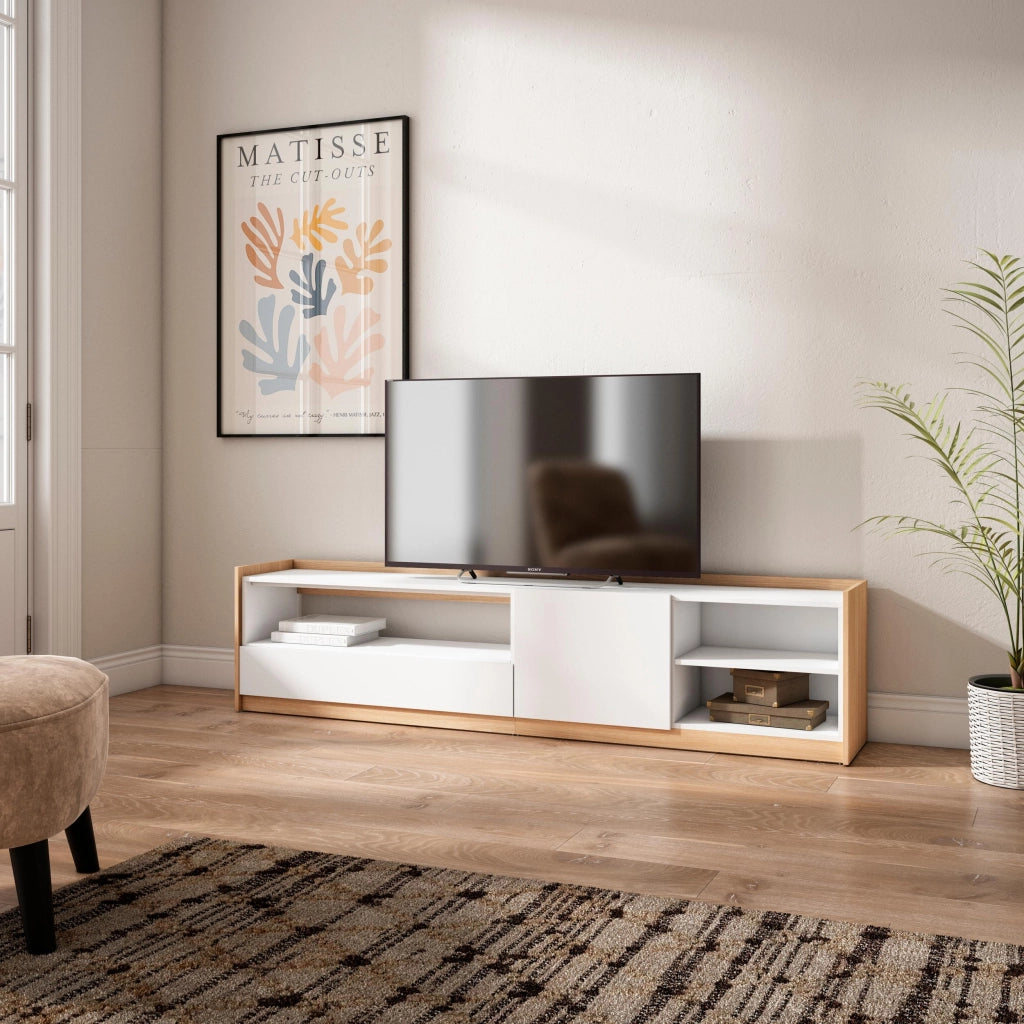 Mobile TV Soggiorno, 207x50x37 cm, Per TV fino a 80", Mobile Soggiorno, Bianco e Rovere soft
