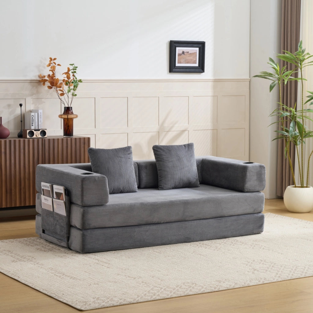 Divano letto pieghevole con funzione letto, tasche laterali e portabicchieri in velluto a coste grigio scuro per salotto