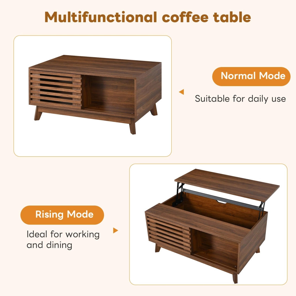 Tavolino basso con piano sollevabile e porta a persiana scorrevole per soggiorno in MDF noce 90 × 55 × 57,5 cm