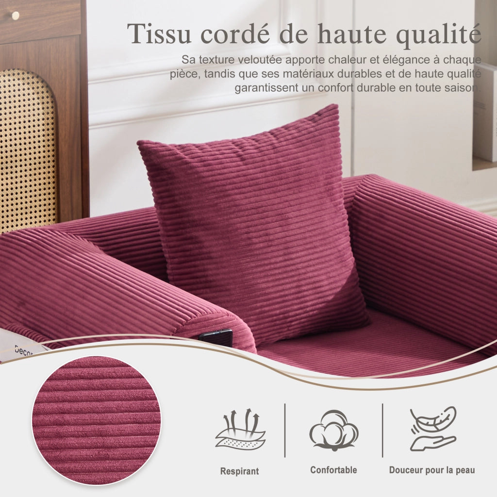Divano modulare in velluto a coste con cuscino e tasca laterale ergonomico, rosso vino 112 × 190 × 67 cm