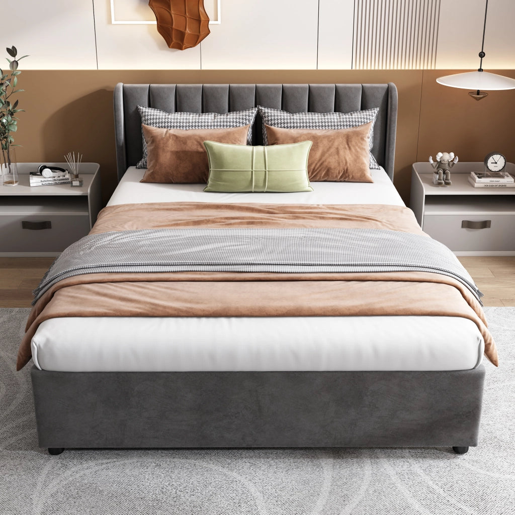 DESMIU Lit adulte 140 × 200 cm 2 posti con 2 cassetti contenitore e testiera, senza materasso, in velluto grigio