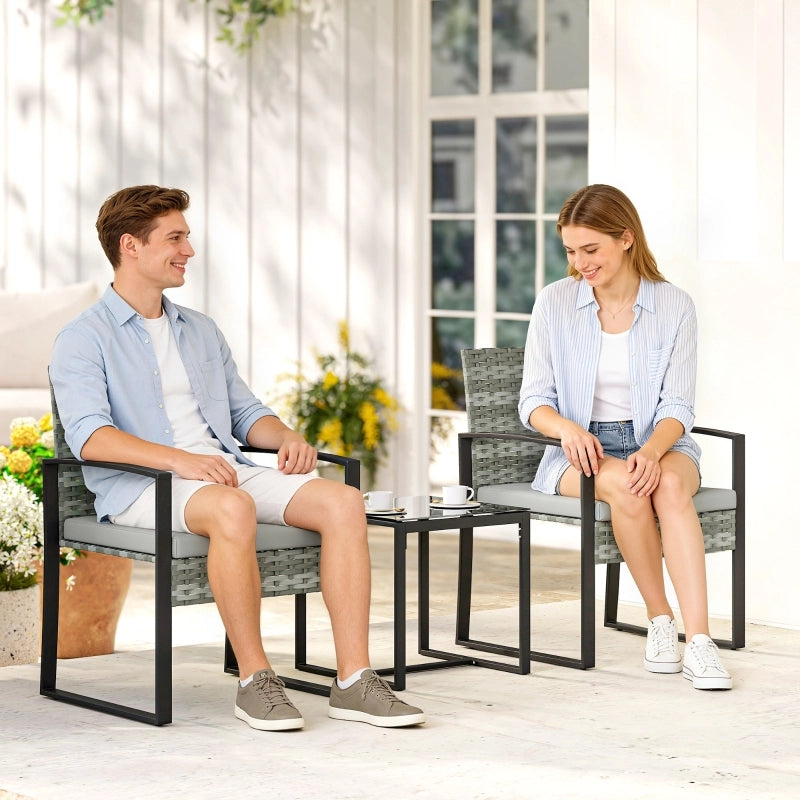 Set da bistrot in rattan, set di mobili da giardino composto da 3 pezzi con 2 sedie da giardino, tavolino, cuscini sfoderabili, grigio chiaro.