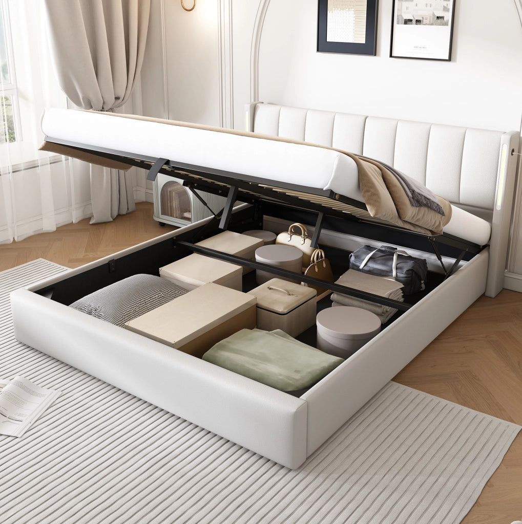 Letto imbottito 180x200 cm con LED, USB ricaricabile e vano contenitore