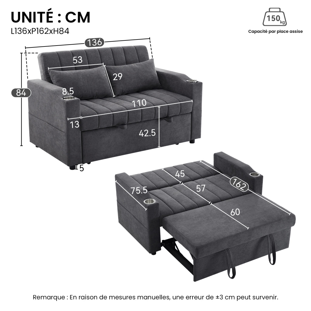 OKWISH Divano Letto 2 Posti, Schienale Regolabile a 3 Posizioni, Portabicchieri, 2 Cuscini e Tasche, Cotone Lino Grigio