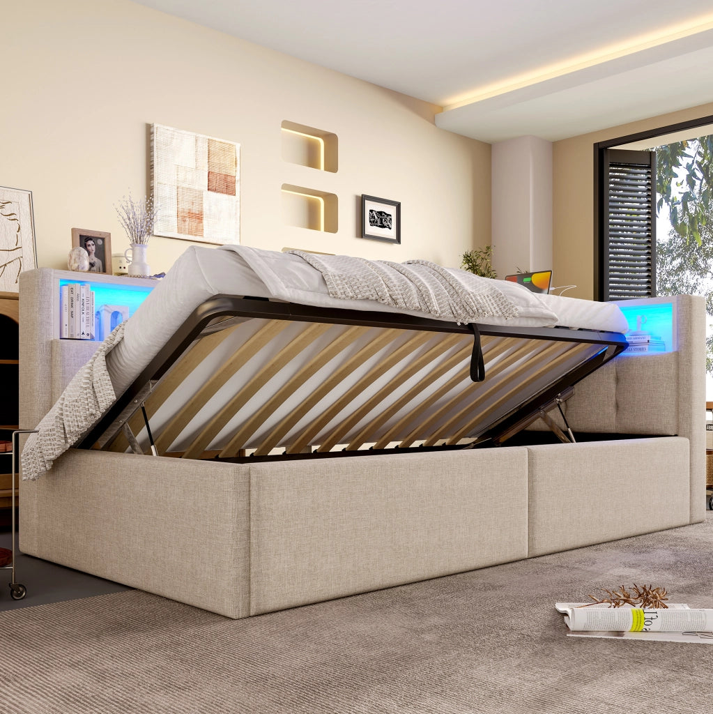Letto singolo 90 x 200 cm con vano idraulico; LED RGB; USB e Type-C; lino; beige