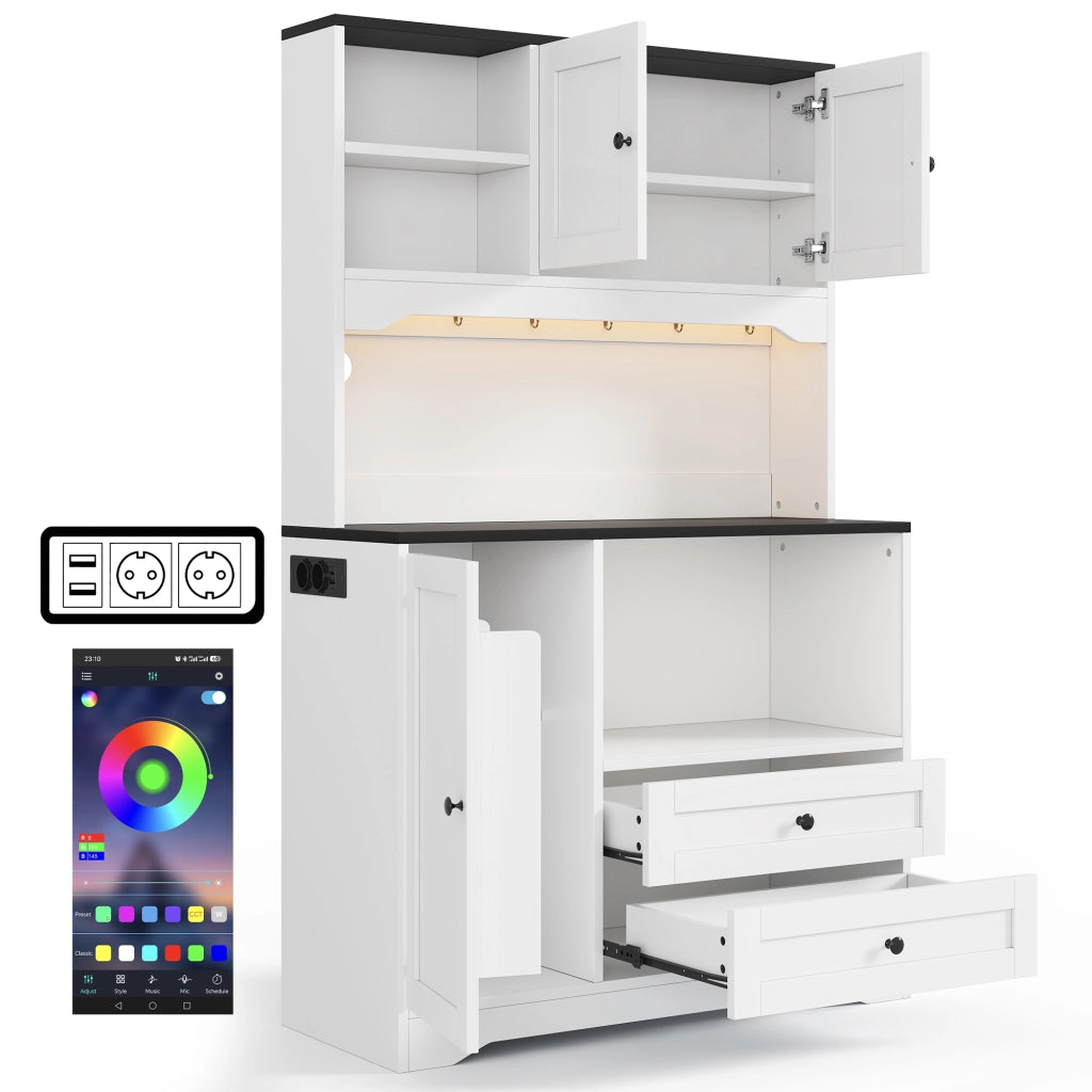 Mobile Dispensa 100x40x163 cm Bianco con LED App, Vano Microonde, 2 Prese, 2 USB e 2 Cassetti