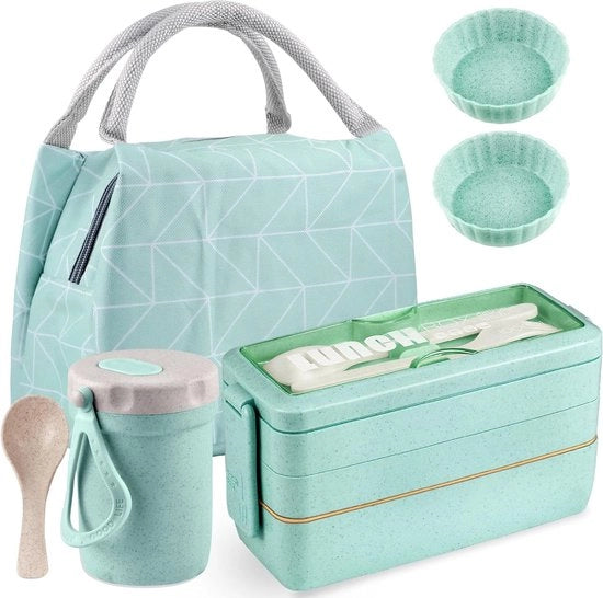 Lunchbox per adulti, contenitore per pane e bottiglia, set di contenitori, contenitore per pane per bambini a 3 celle, Bento Box senza grassi, resistente al microonde, verde