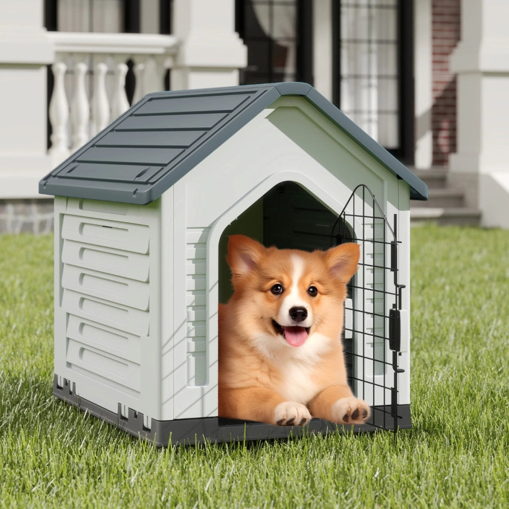 Rifugio per animali domestici da interno ed esterno con porta, Casa per cani in plastica in metallo bloccabile Grigio-Casette e lettini