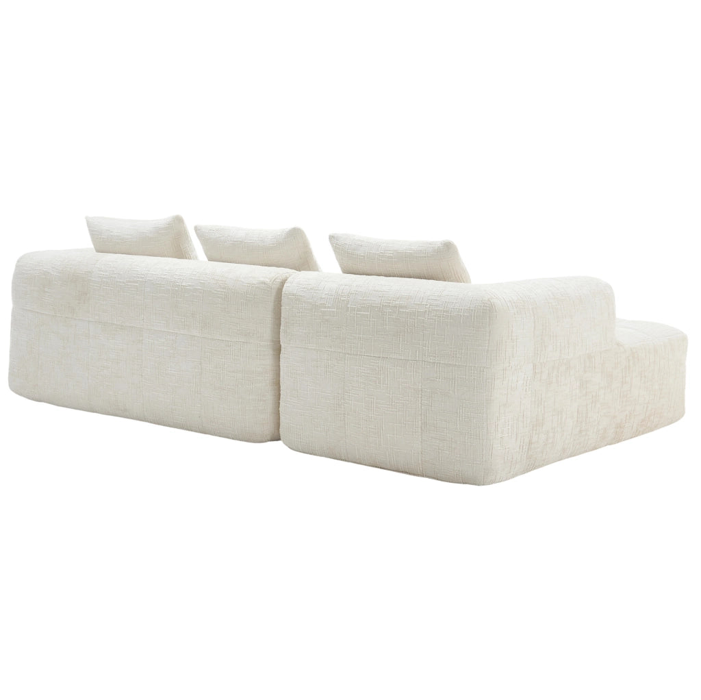 Divano modulare 3 posti in ciniglia beige con modulo allungato, tasche laterali e 3 cuscini