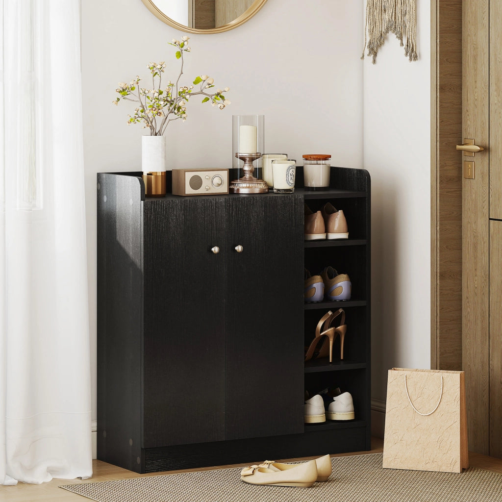 Scarpiera Armadio con 4 Ripiani Aperti e 2 Ante ¨C Zephmum ¨C 83x30x90 cm, Nero