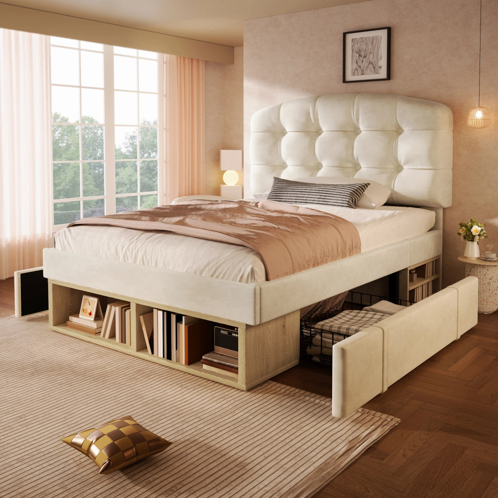 Letto singolo imbottito – 90x200 cm – cassetti contenitore testiera regolabile – velluto beige