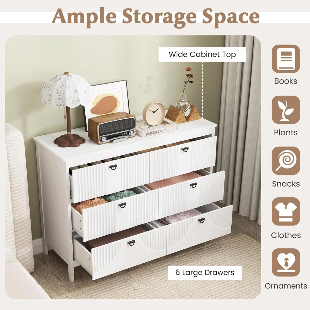 Cassettiera in legno con 6 cassetti, mobile portaoggetti con kit antiribaltamento, 106 x 40 x 79 cm, aspetto elegante, cassettiera per camera da letto, soggiorno, ingresso, bianco