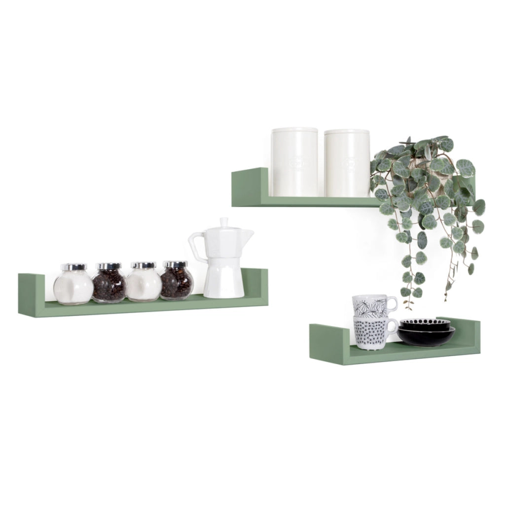 Set di 3 Mensole da Muro Modello CALAMITA, Mensole Muro Design, Mensola da Parete. Misure 60x8 p15.5 cm, 50x8 p15.5 cm e 40x8 p15.5 cm. Finitura  VERDE A. MARINA - MADE IN ITALY