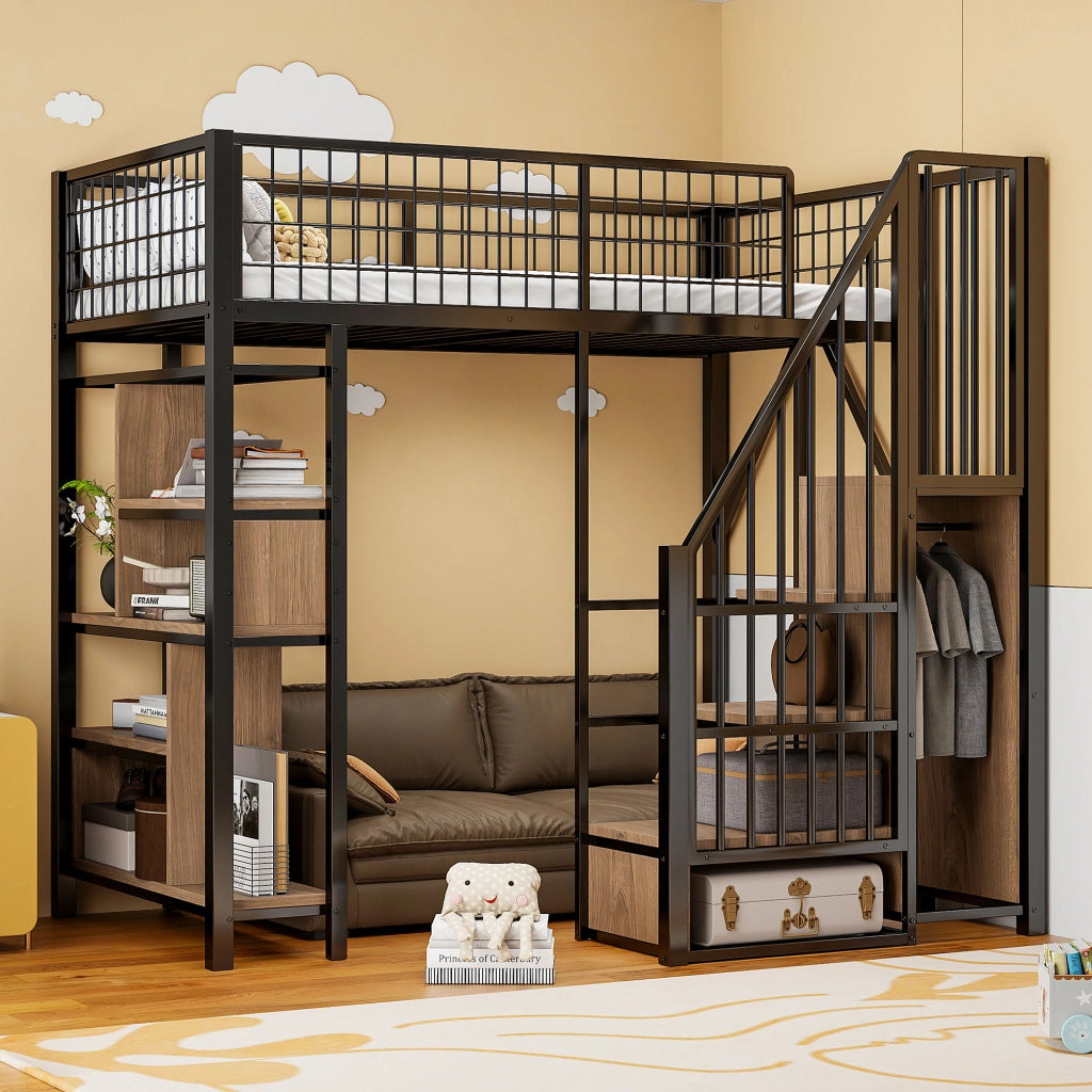 Letto a castello nero in metallo e legno con funzione contenitore 90x200 cm