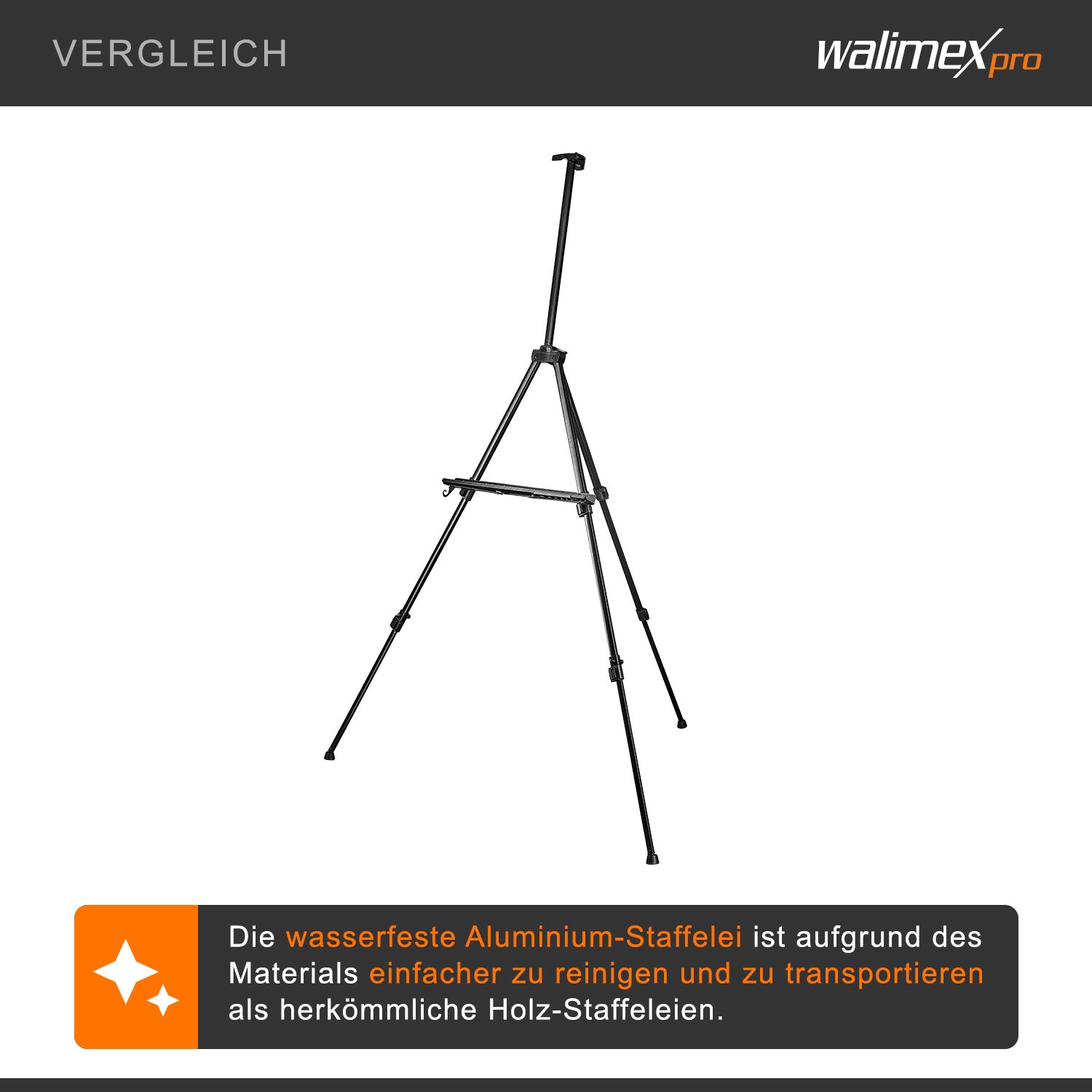 Cavalletto XL 60-180 cm, treppiede per tele in alluminio con borsa per il trasporto, per teli fino a 140 cm, supporto con ripiano