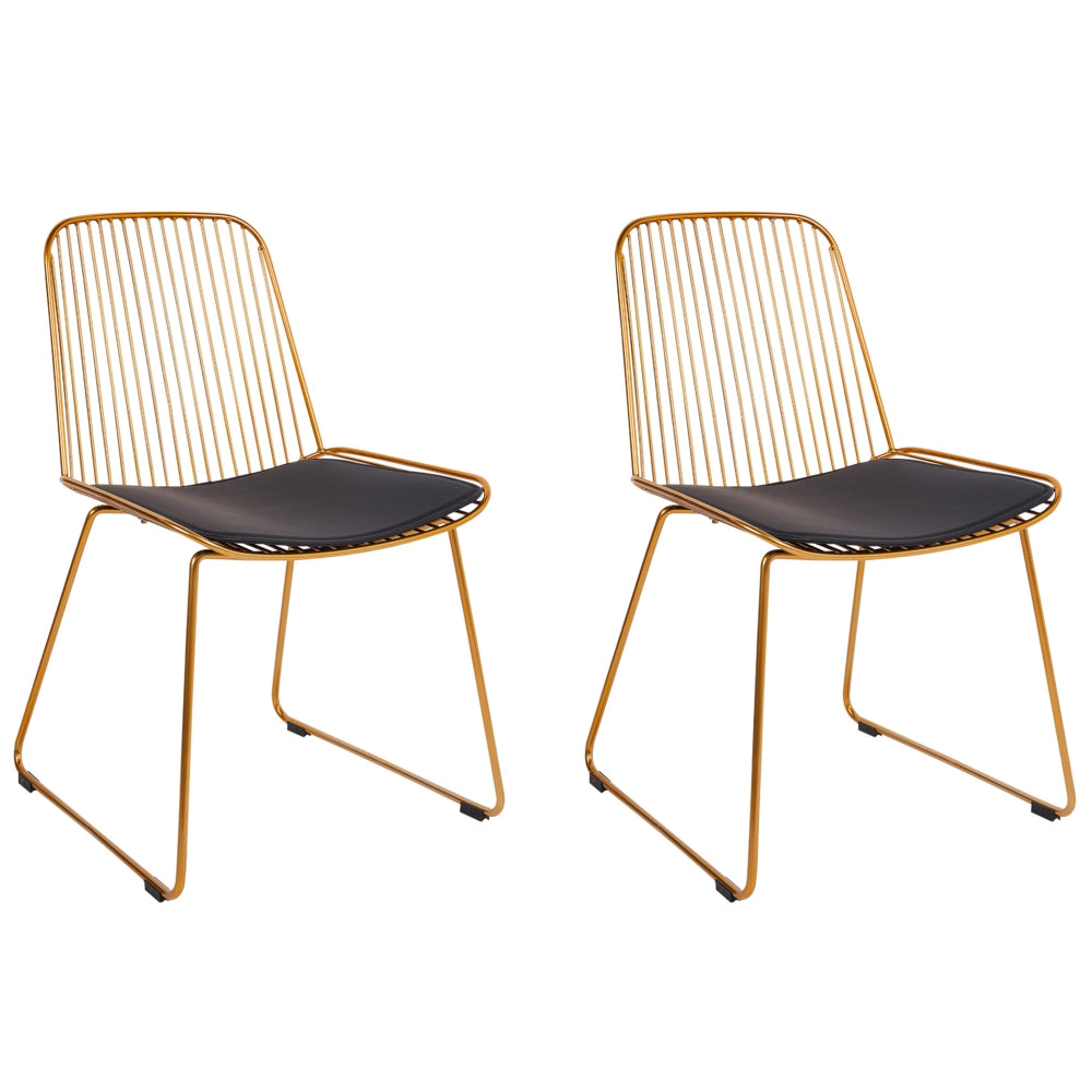 Set di 2 sedie da pranzo in metallo oro con schienale in filo di ferro e cuscini in ecopelle stile elegante glamour