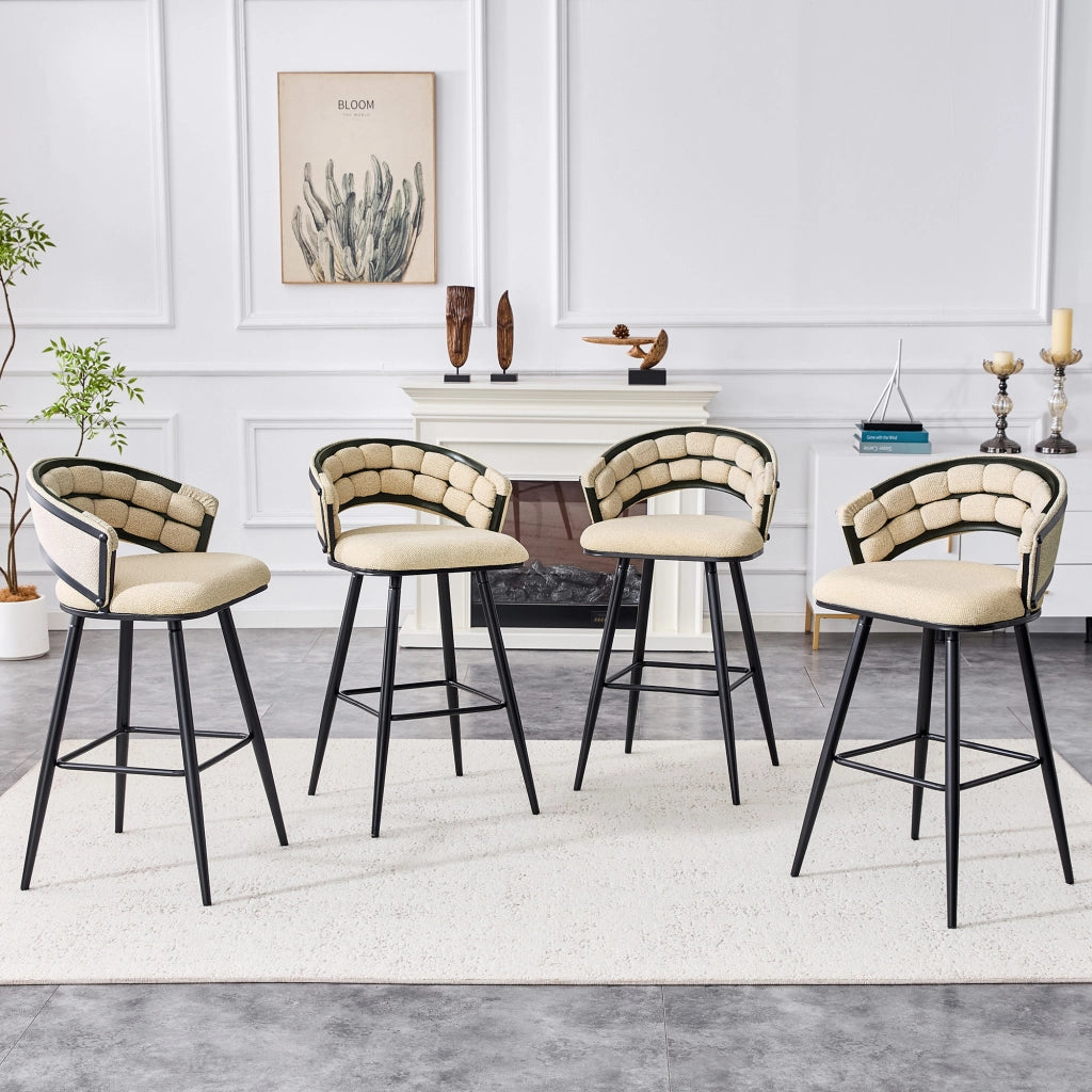 Sgabello da bar in velluto con schienale intrecciato e poggiapiedi, struttura in metallo beige nero 71 × 61 × 37 cm