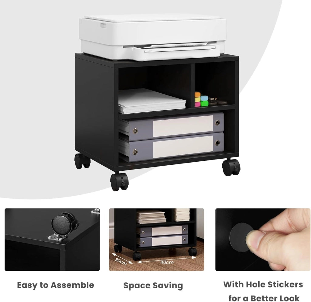 Carrello Porta Stampante con 3 Scomparti Aperti, Mobiletto con Ruote, Supporto per Stampante in Legno, Classificatore per Documenti, Studio, Ufficio, 40x30x35cm, Nero, ASK06sz