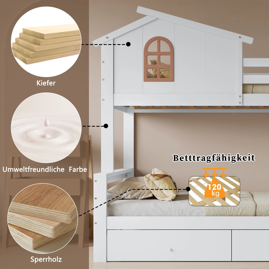 Letto a castello con scivolo, scala e cassetti, bianco