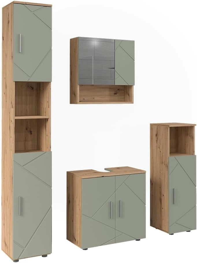 Set di mobili da bagno Irma, Verde salvia, 60 cm, composto da mobile lavabo, pensile a specchio, colonna e base media